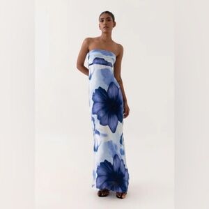 NWT women’s SUMMER AWAY blue floral bloom Como strapless maxi dress size X large